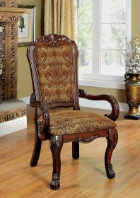 Formal Traditional Cherry Set of 2pc Arm Chairs Dining Room Brown Damask Print Fabric Solid wood Dining Chair