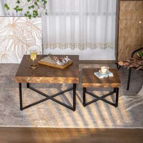 Set of 2 Square Retro Splicing Design Coffee Tables with Metal Cross Legs