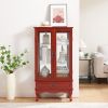 Lighted Glass Cabinet Glass Wine Cabinet Curio Display Cabinet with Adjustable Glass Shelves 2 Doors and 1 drawer Cabinet Bulb Included Cherry