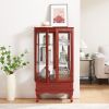 Lighted Glass Cabinet Glass Wine Cabinet Curio Display Cabinet with Adjustable Glass Shelves 2 Doors and 1 drawer Cabinet Bulb Included Cherry