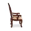 Set of 2 Traditional Brown Cherry Arm Dining Chairs with Tan Fabric Seats and Wood Carved Details