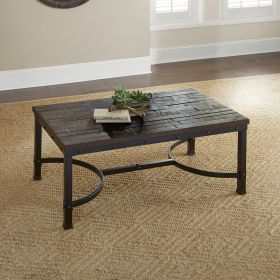 Ambrose Rustic Butcher Block Style Coffee Table with Demi-Lune Stretchers and Iron Legs