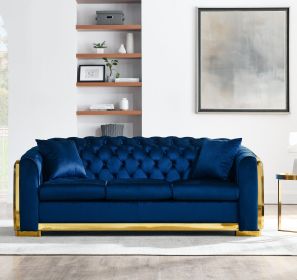 Chesterfield Navy Blue Velvet Sofa with Button Tufted Backrest & Gold Stainless Steel Trim and Legs