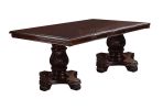 Formal Espresso Brown Dining Table with Hand Carved Floral Designs and Double Pedestal Base