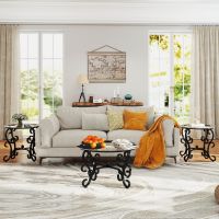 3 Piece Coffee Table Set, 1 Coffee Table, 2 End Tables with Clear Tempered Glass, Unique Rustic Black Metal Legs Design and Protective Foot Pads 3 Piece Coffee Table Set, 1 Coffee Table, 2 End Tables with Clear Tempered Glass, Unique Rustic Black Metal Legs Design and Protective Foot Pads