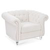 White Teddy Velvet Fabric Chair, Tufted Button Backrest and Armrest with Nailhead Trim and Sturdy Clear Acrylic Legs