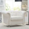 White Teddy Velvet Fabric Chair, Tufted Button Backrest and Armrest with Nailhead Trim and Sturdy Clear Acrylic Legs