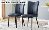 Set of 2 Black Dining Chairs, Curved Backrest and Cushion Seat with Black Metal Legs