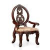 Set of 2 Traditional Brown Cherry Arm Dining Chairs with Tan Fabric Seats and Wood Carved Details