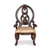 Set of 2 Traditional Brown Cherry Arm Dining Chairs with Tan Fabric Seats and Wood Carved Details