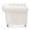 White Teddy Velvet Fabric Chair, Tufted Button Backrest and Armrest with Nailhead Trim and Sturdy Clear Acrylic Legs