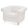 White Teddy Velvet Fabric Chair, Tufted Button Backrest and Armrest with Nailhead Trim and Sturdy Clear Acrylic Legs