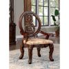 Set of 2 Traditional Brown Cherry Arm Dining Chairs with Tan Fabric Seats and Wood Carved Details