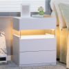 LED Nightstands 3 Drawer Dresser for Bedroom End Table with Acrylic Board LED Bedside Tables for Bedroom Living Room Bedside Furniture (White)