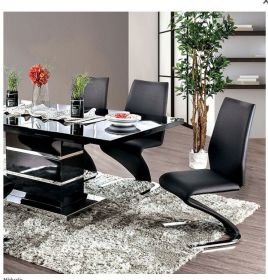 Set of 2, Contemporary Z-Shaped Dining Chairs in Black Leatherette with Chrome Silver Base