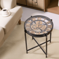 Industrial Style Coffee Table, Side Table with Mechanical Working Clock, Golden Roman Numerals and Clear Tabletop Glass Industrial Style Coffee Table, Side Table with Mechanical Working Clock, Golden Roman Numerals and Clear Tabletop Glass