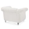 White Teddy Velvet Fabric Chair, Tufted Button Backrest and Armrest with Nailhead Trim and Sturdy Clear Acrylic Legs