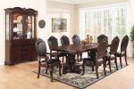 Formal Espresso Brown Dining Table with Hand Carved Floral Designs and Double Pedestal Base