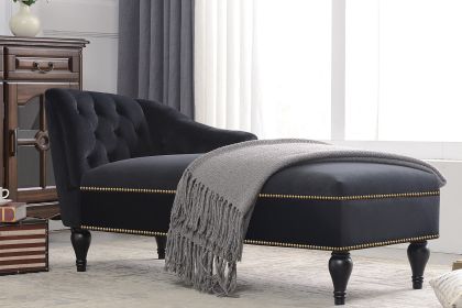 Velvet Chaise Lounge Chair, Button Tufted Right Arm with Nailhead Trim and Solid Wood Legs