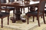 Formal Espresso Brown Dining Table with Hand Carved Floral Designs and Double Pedestal Base