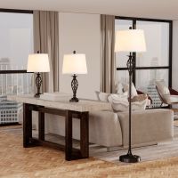 3-Piece Lamp Set, 1 Floor Lamp & 2 Table Lamps with Candle Stick Metal Pole Design, On/Off Foot Switch and 3 White Lamp Shades 3-Piece Lamp Set, 1 Floor Lamp & 2 Table Lamps with Candle Stick Metal Pole Design, On/Off Foot Switch and 3 White Lamp Shades