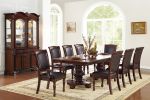 Formal Espresso Brown Dining Table with Hand Carved Floral Designs and Double Pedestal Base