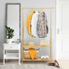 Entryway Bedroom Wood Garment Clothes Hanging Rack with 2 Bottom Storage Shelves