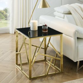 End Table with Black Tempered Glass Top and Geometric Gold Frame (Color: as Pic)