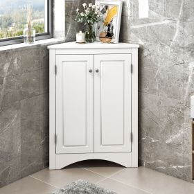 Triangle Bathroom Storage Cabinet with Adjustable Shelves in Gray, White & Oak (Color: White)