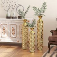 Set of 3, Handcrafted Gold Metal Decorative Vases with 3D Triangle Design, Polished & Hammered Finish and Funnel Shaped Necks (Color: as Pic) Set of 3, Handcrafted Gold Metal Decorative Vases with 3D Triangle Design, Polished & Hammered Finish and Funnel Shaped Necks (Color: as Pic)