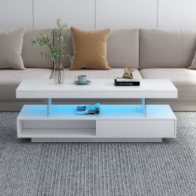 Coffee Table with LED Lights in 16 Colors, 2 Drawers, Display Shelves and Storage (Color: White)