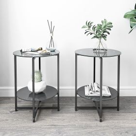 Set of 2 Tempered Glass Round End Tables with Bottom Open Shelf & Sturdy Iron Frame (Color: Black)