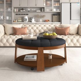 2 Tier Large Round Ottoman Coffee Table with Wheels (Color: as Pic)