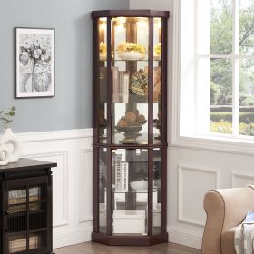 Corner Lighted Curio Cabinet Corner Glass Cabinet Lighted Curio Cabinet Corner Display Case for Living Room, Curio Cabinet, Antique collection, Wine (Material: MDF+glass, Color: Cherry)