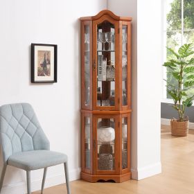 Curio Cabinet Lighted Glass Display Curio Cabinet w/Tempered Glass Doors and Shelves, Crown Corner Cabinet with Bulb (Material: MDF, Color: Oak)