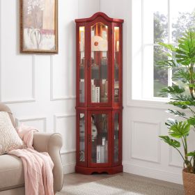 Curio Cabinet Lighted Glass Display Curio Cabinet w/Tempered Glass Doors and Shelves, Crown Corner Cabinet with Bulb (Material: MDF, Color: Cherry)