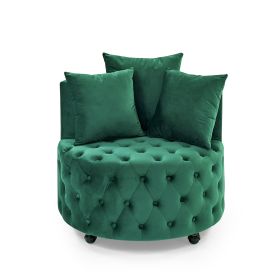 Velvet Upholstered Swivel Chair, Button Tufted Design with Movable Wheels and 3 Pillows (Color: Green)