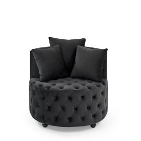 Velvet Upholstered Swivel Chair, Button Tufted Design with Movable Wheels and 3 Pillows (Color: Black)