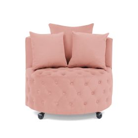 Velvet Upholstered Swivel Chair, Button Tufted Design with Movable Wheels and 3 Pillows (Color: Pink)