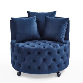 Velvet Upholstered Swivel Chair, Button Tufted Design with Movable Wheels and 3 Pillows (Color: Blue)